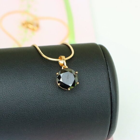 "Round Black Stone Rose Gold Pendant with Classic Prong Setting, XPPT1261 - Picture 3 of 13